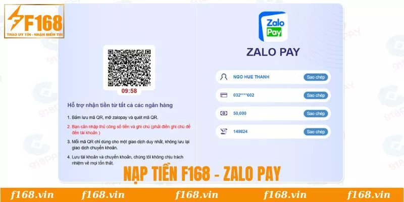 Hướng dẫn nạp tiền F168 qua Zalo Pay